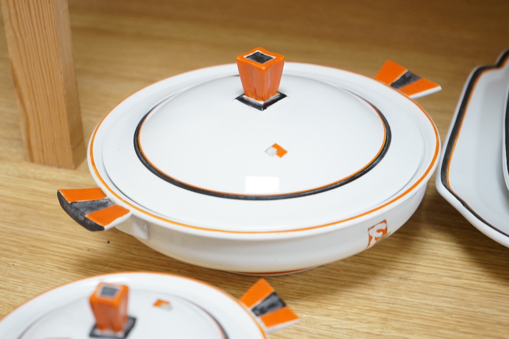 A Shelley ‘Vogue’ orange comprehensive dinner service. Largest platter 44cm wide. Condition - some enamelling worn or missing